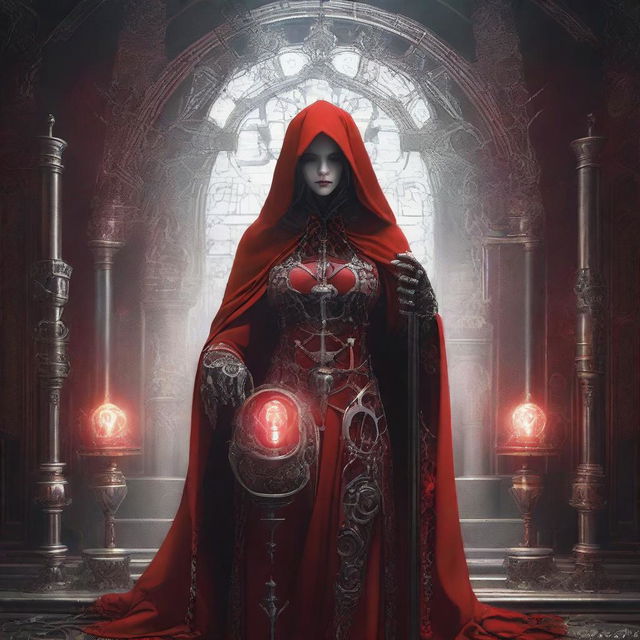 Gothic scene of a woman dressed as a red-robed priestess with a hood, holding a staff with a gear that encapsulates a glowing bulb. Featuring gear motifs in her adornments, additional mechanical limbs, white patterns on her attire, and an industrial backdrop.