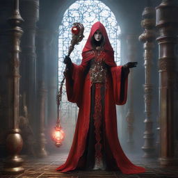 Gothic scene of a woman dressed as a red-robed priestess with a hood, holding a staff with a gear that encapsulates a glowing bulb. Featuring gear motifs in her adornments, additional mechanical limbs, white patterns on her attire, and an industrial backdrop.