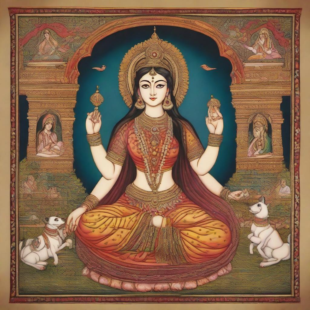 An antique inspired cultural scene showcasing the goddess of art and craft, rendered in the style of an Indian miniature painting, depicting divine aura