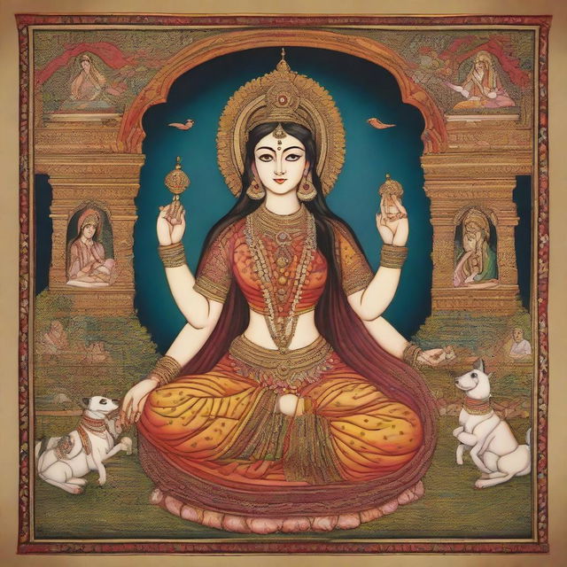 An antique inspired cultural scene showcasing the goddess of art and craft, rendered in the style of an Indian miniature painting, depicting divine aura