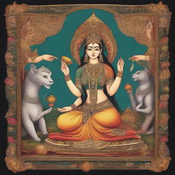 An antique inspired cultural scene showcasing the goddess of art and craft, rendered in the style of an Indian miniature painting, depicting divine aura