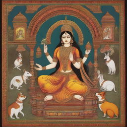 An antique inspired cultural scene showcasing the goddess of art and craft, rendered in the style of an Indian miniature painting, depicting divine aura