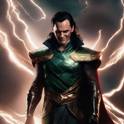 Loki portrayed as Lucifer in Asgardian attire, floating amidst hellish clouds with a cunning smile, against a backdrop of a dramatic, lightning-lit hell sky.