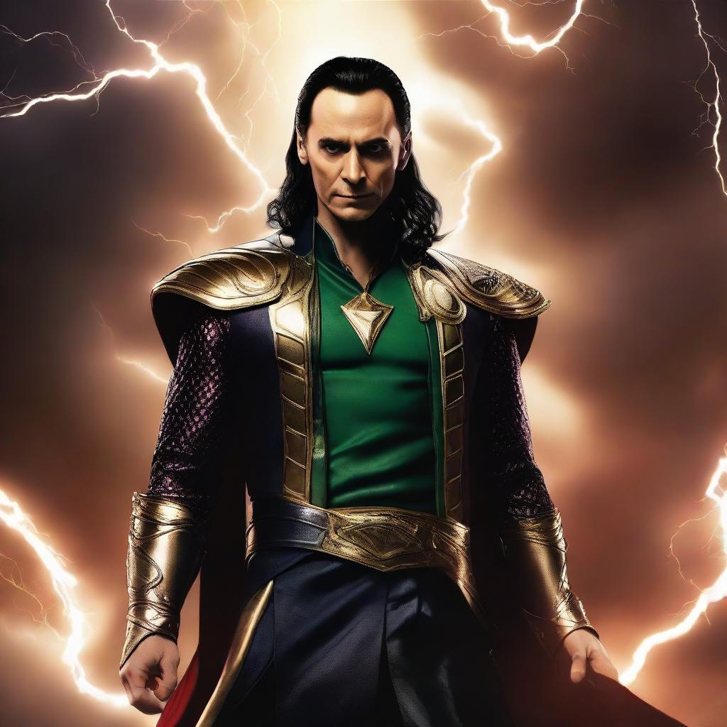 Loki portrayed as Lucifer in Asgardian attire, floating amidst hellish clouds with a cunning smile, against a backdrop of a dramatic, lightning-lit hell sky.