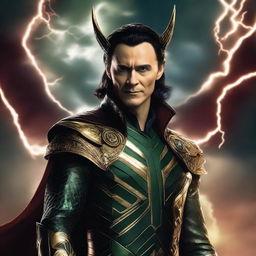 Loki portrayed as Lucifer in Asgardian attire, floating amidst hellish clouds with a cunning smile, against a backdrop of a dramatic, lightning-lit hell sky.