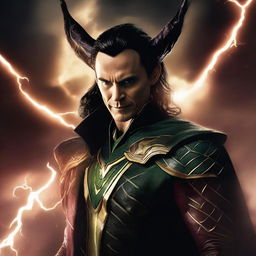 Loki portrayed as Lucifer in Asgardian attire, floating amidst hellish clouds with a cunning smile, against a backdrop of a dramatic, lightning-lit hell sky.