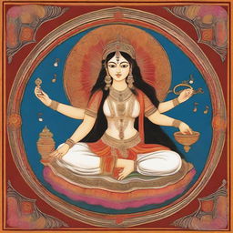 A representation of the goddess of music, illustrated in an Indian miniature painting style, projecting a divine and age-old cultural ambiance