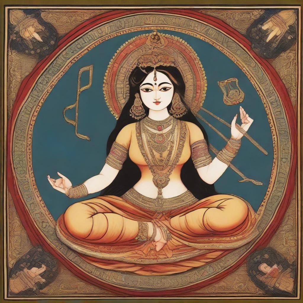 A representation of the goddess of music, illustrated in an Indian miniature painting style, projecting a divine and age-old cultural ambiance