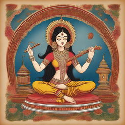 A representation of the goddess of music, illustrated in an Indian miniature painting style, projecting a divine and age-old cultural ambiance