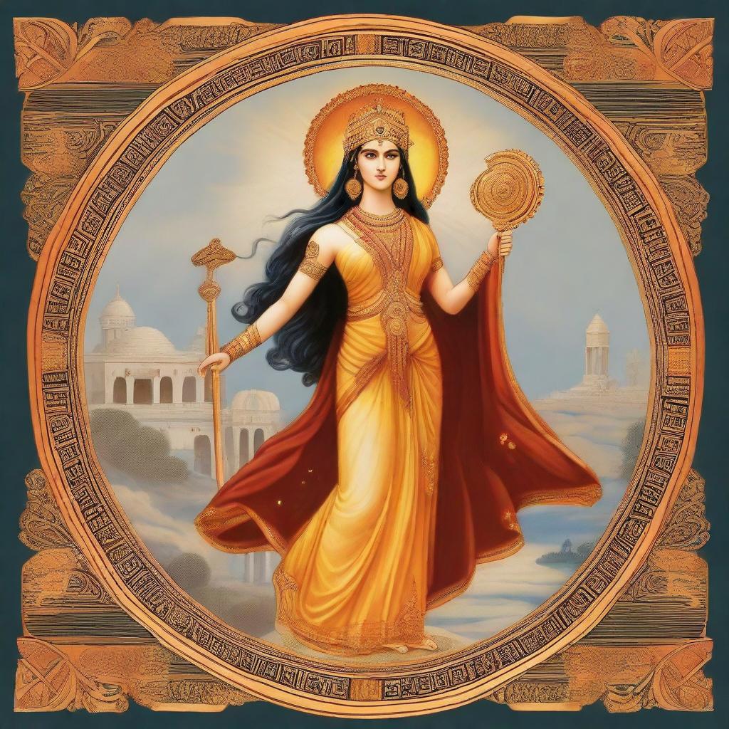 Greek goddess Athena depicted in an Indian miniature painting style, radiating a divine aura and an ancient cultural environment