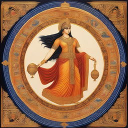 Greek goddess Athena depicted in an Indian miniature painting style, radiating a divine aura and an ancient cultural environment