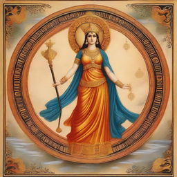 Greek goddess Athena depicted in an Indian miniature painting style, radiating a divine aura and an ancient cultural environment