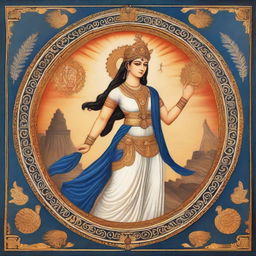 Greek goddess Athena depicted in an Indian miniature painting style, radiating a divine aura and an ancient cultural environment