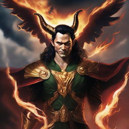 Loki depicted as Lucifer in Asgardian attire, floating amidst hellish clouds, a cunning smile gracing his face. The hell sky is ablaze, fire burning vividly. In his hand, Loki holds the powerful Gungnir.