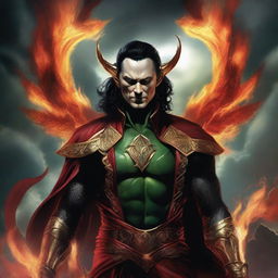 Loki depicted as Lucifer in Asgardian attire, floating amidst hellish clouds, a cunning smile gracing his face. The hell sky is ablaze, fire burning vividly. In his hand, Loki holds the powerful Gungnir.