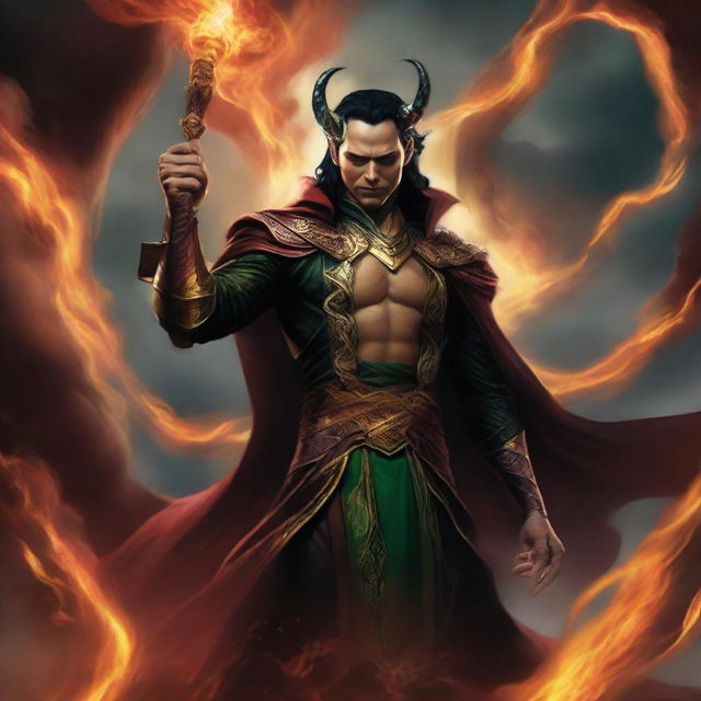 Loki depicted as Lucifer in Asgardian attire, floating amidst hellish clouds, a cunning smile gracing his face. The hell sky is ablaze, fire burning vividly. In his hand, Loki holds the powerful Gungnir.