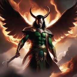 Loki depicted as Lucifer in Asgardian attire, floating amidst hellish clouds, a cunning smile gracing his face. The hell sky is ablaze, fire burning vividly. In his hand, Loki holds the powerful Gungnir.