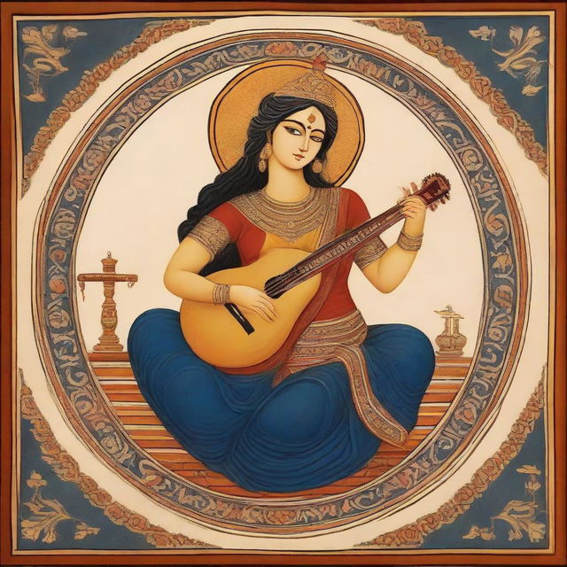 Greek goddess of music rendered in the Indian miniature painting style, narrating a divine and ancient cultural story