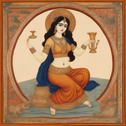 Greek goddess of music rendered in the Indian miniature painting style, narrating a divine and ancient cultural story