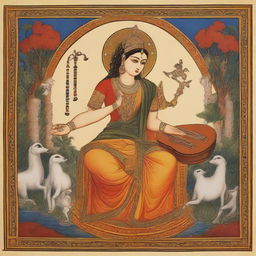 Greek goddess of music rendered in the Indian miniature painting style, narrating a divine and ancient cultural story