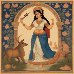 Greek goddess of music rendered in the Indian miniature painting style, narrating a divine and ancient cultural story