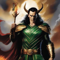 Loki depicted as Lucifer in Asgardian attire, floating amidst hellish clouds with a cunning smile. The hell sky is aflame, adding drama to the scene. In his hand, Loki majestically holds a scepter.