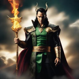 Loki depicted as Lucifer in Asgardian attire, floating amidst hellish clouds with a cunning smile. The hell sky is aflame, adding drama to the scene. In his hand, Loki majestically holds a scepter.