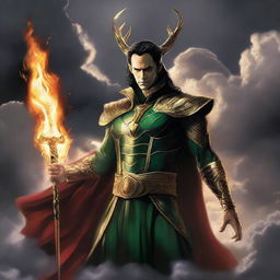 Loki depicted as Lucifer in Asgardian attire, floating amidst hellish clouds with a cunning smile. The hell sky is aflame, adding drama to the scene. In his hand, Loki majestically holds a scepter.