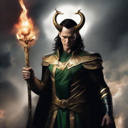 Loki depicted as Lucifer in Asgardian attire, floating amidst hellish clouds with a cunning smile. The hell sky is aflame, adding drama to the scene. In his hand, Loki majestically holds a scepter.