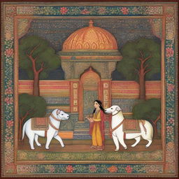 A richly detailed background in the style of a traditional Indian miniature painting