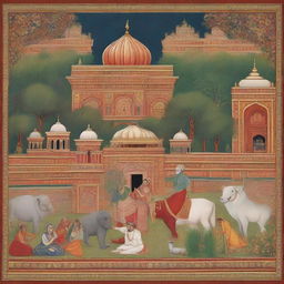 A richly detailed background in the style of a traditional Indian miniature painting