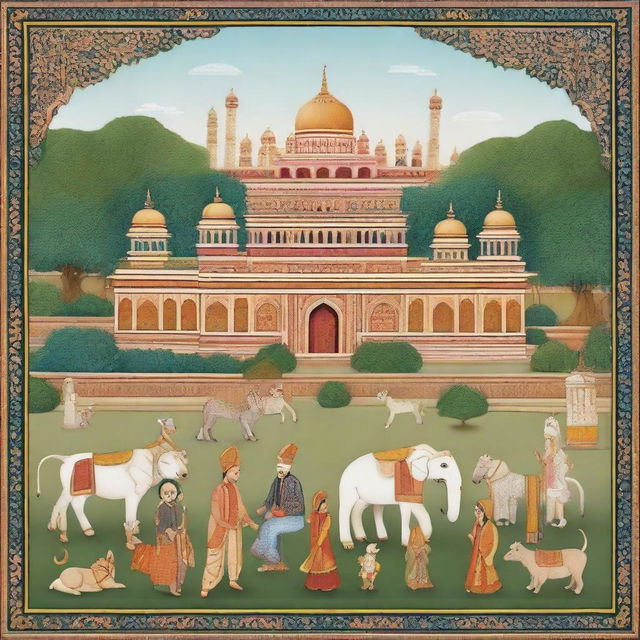 A richly detailed background in the style of a traditional Indian miniature painting