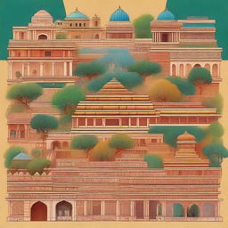 A collection of diverse and detailed backgrounds, each intricately rendered in Indian miniature painting style