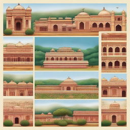 A collection of diverse and detailed backgrounds, each intricately rendered in Indian miniature painting style