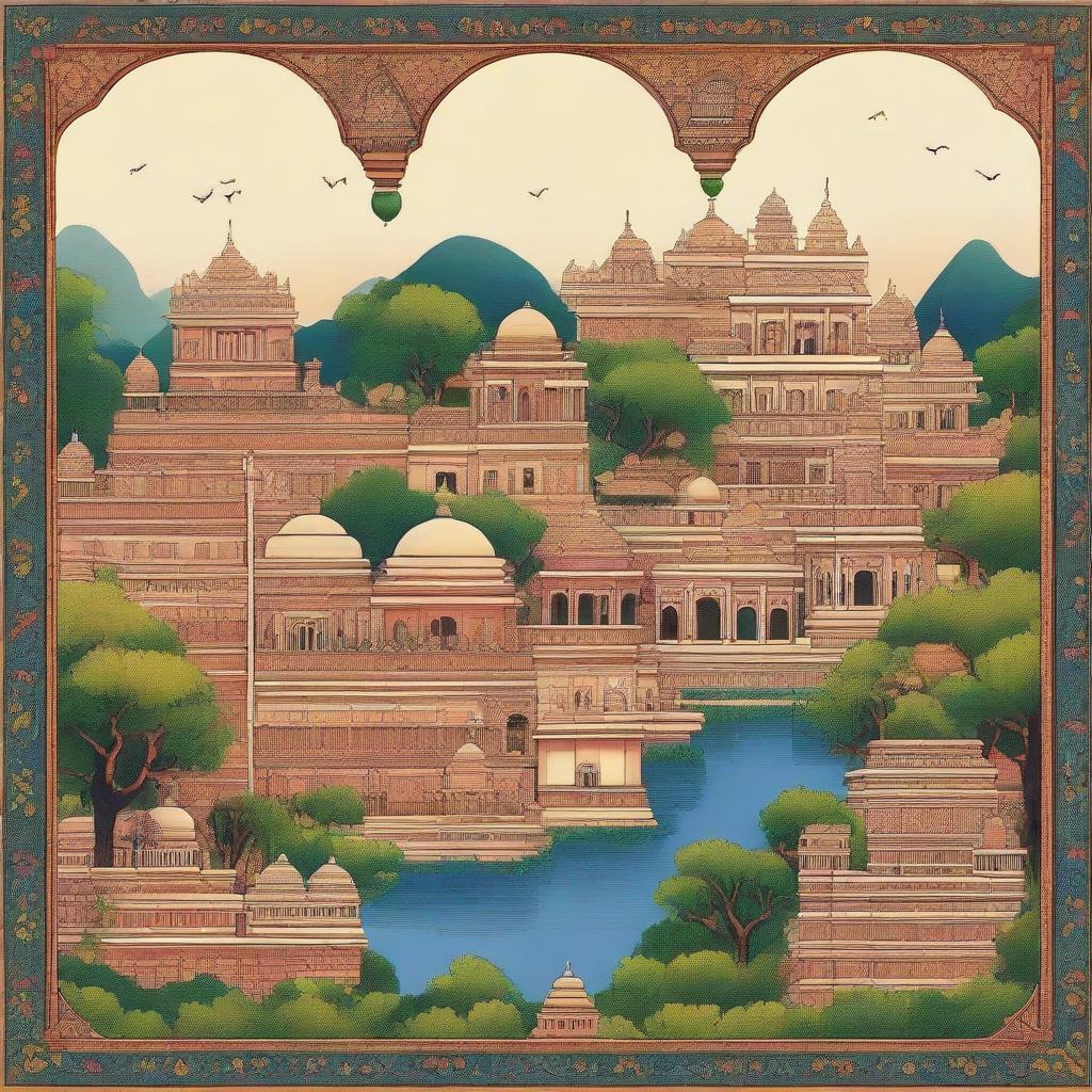 A collection of diverse and detailed backgrounds, each intricately rendered in Indian miniature painting style