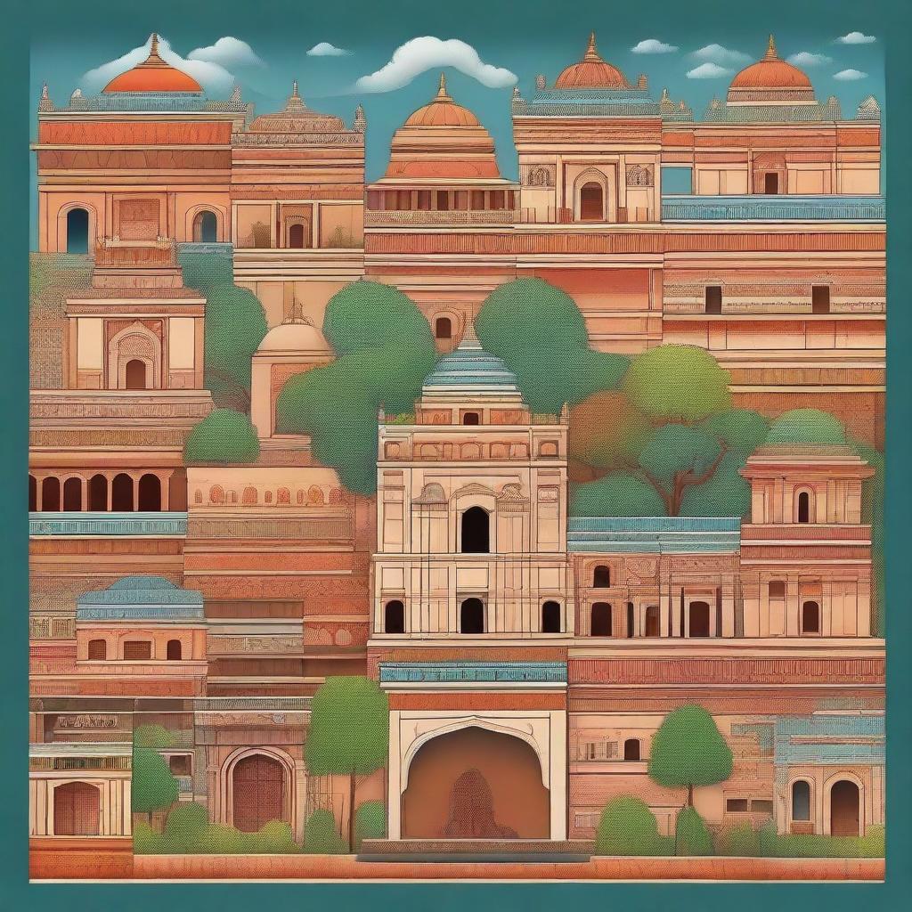 A collection of diverse and detailed backgrounds, each intricately rendered in Indian miniature painting style