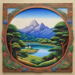 Scenic nature landscapes intricately painted in the style of Indian miniature art