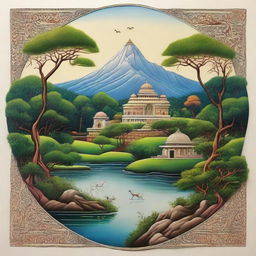 Scenic nature landscapes intricately painted in the style of Indian miniature art