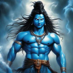 Lord Shiva, possessing piercing blue eyes, standing amidst a tempestuous storm with rain drenching him, his wild hair billowing in the violent wind.