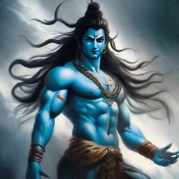 Lord Shiva, possessing piercing blue eyes, standing amidst a tempestuous storm with rain drenching him, his wild hair billowing in the violent wind.