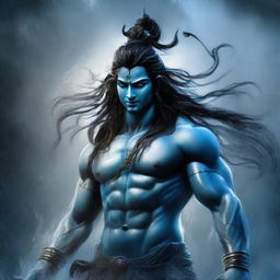 Lord Shiva, possessing piercing blue eyes, standing amidst a tempestuous storm with rain drenching him, his wild hair billowing in the violent wind.