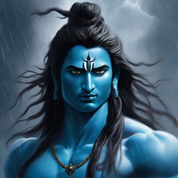 Lord Shiva, possessing piercing blue eyes, standing amidst a tempestuous storm with rain drenching him, his wild hair billowing in the violent wind.