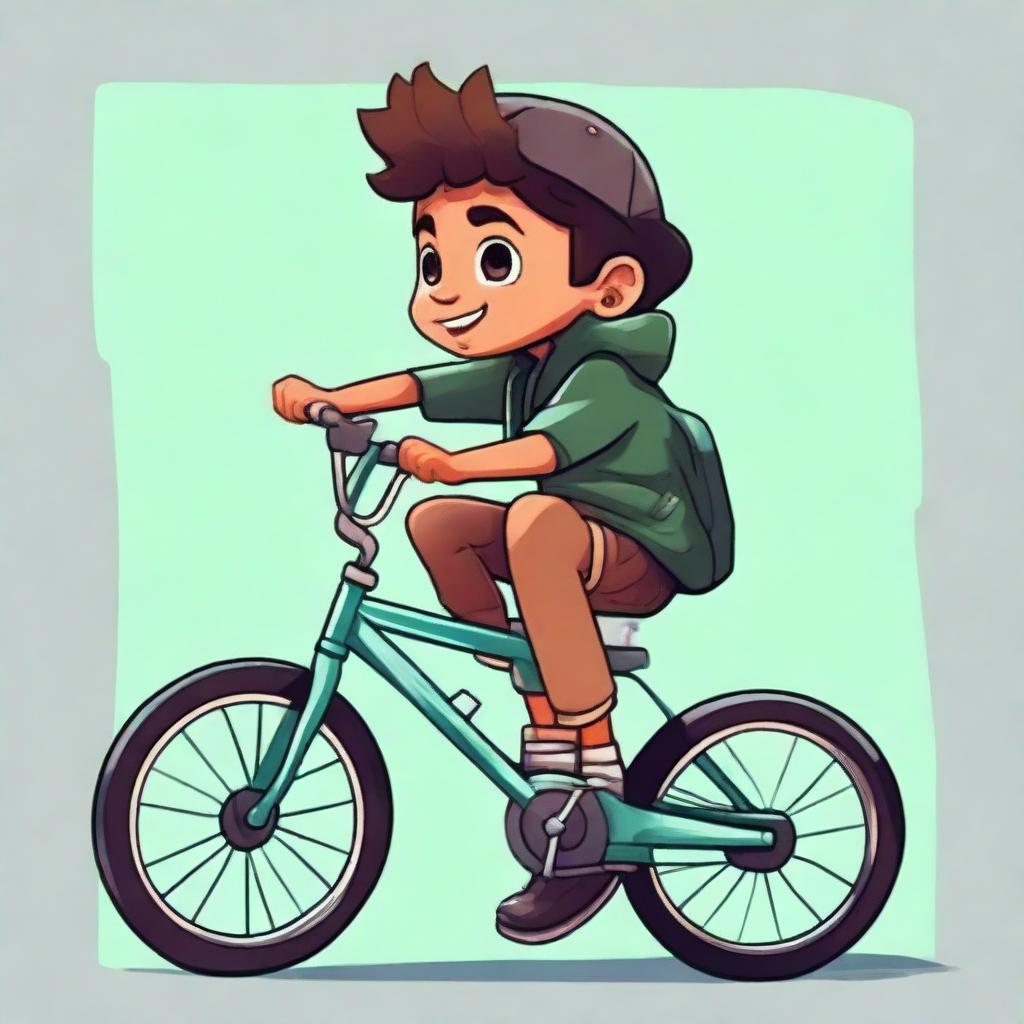 A digital portrait of a boy named Anas sitting on a bike for a lively and dynamic Whatsapp display picture, in an animated style.