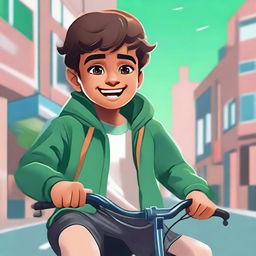 A digital portrait of a boy named Anas sitting on a bike for a lively and dynamic Whatsapp display picture, in an animated style.