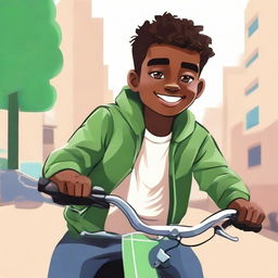 A digital portrait of a boy named Anas sitting on a bike for a lively and dynamic Whatsapp display picture, in an animated style.