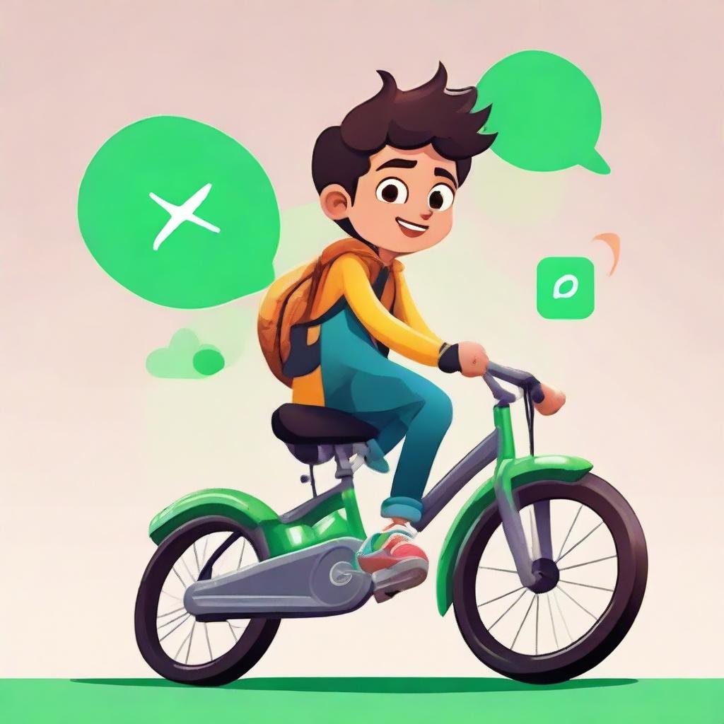 A digital portrait of a boy named Anas sitting on a bike for a lively and dynamic Whatsapp display picture, in an animated style.