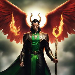 Loki envisioned as Lucifer, donned in majestic Asgardian attire with fiery wings sprouting from his back, majestically holding a scepter in his hand.