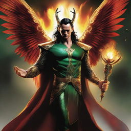 Loki envisioned as Lucifer, donned in majestic Asgardian attire with fiery wings sprouting from his back, majestically holding a scepter in his hand.