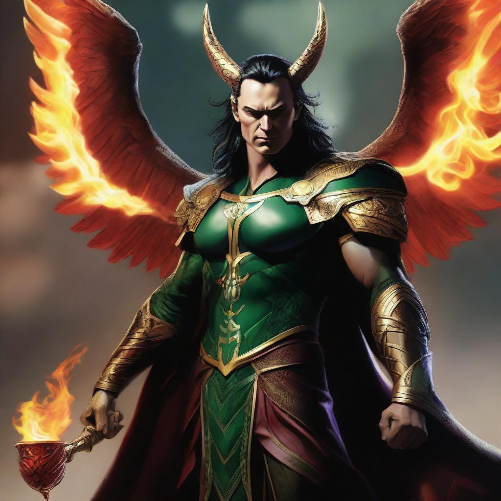 Loki envisioned as Lucifer, donned in majestic Asgardian attire with fiery wings sprouting from his back, majestically holding a scepter in his hand.