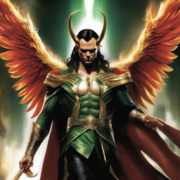 Loki envisioned as Lucifer, donned in majestic Asgardian attire with fiery wings sprouting from his back, majestically holding a scepter in his hand.